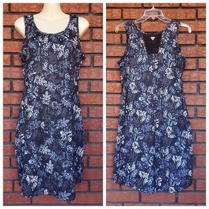Columbia PFG Sleeveless Dress Sz M Black Floral Tropical Travel Vacation Beach